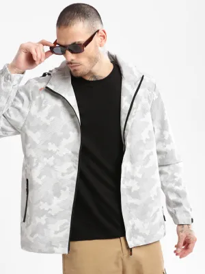 Men Hooded White Geometric Tailored Oversized Jacket comes with Detachable Hoodie