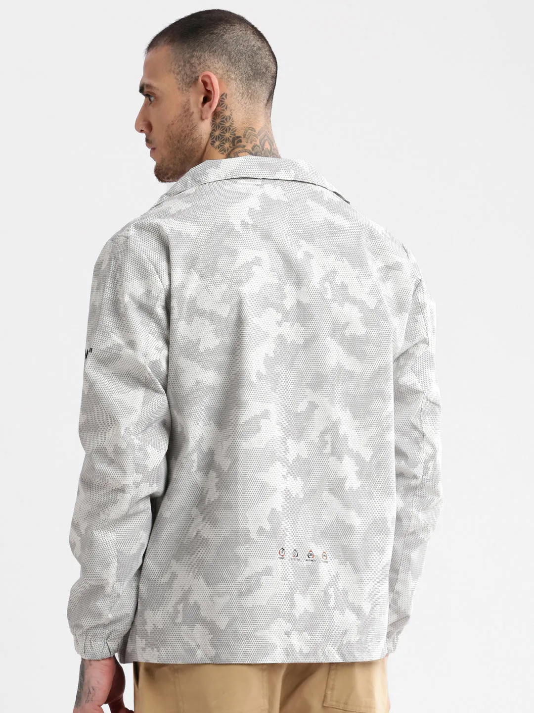 Men Hooded White Geometric Tailored Oversized Jacket comes with Detachable Hoodie