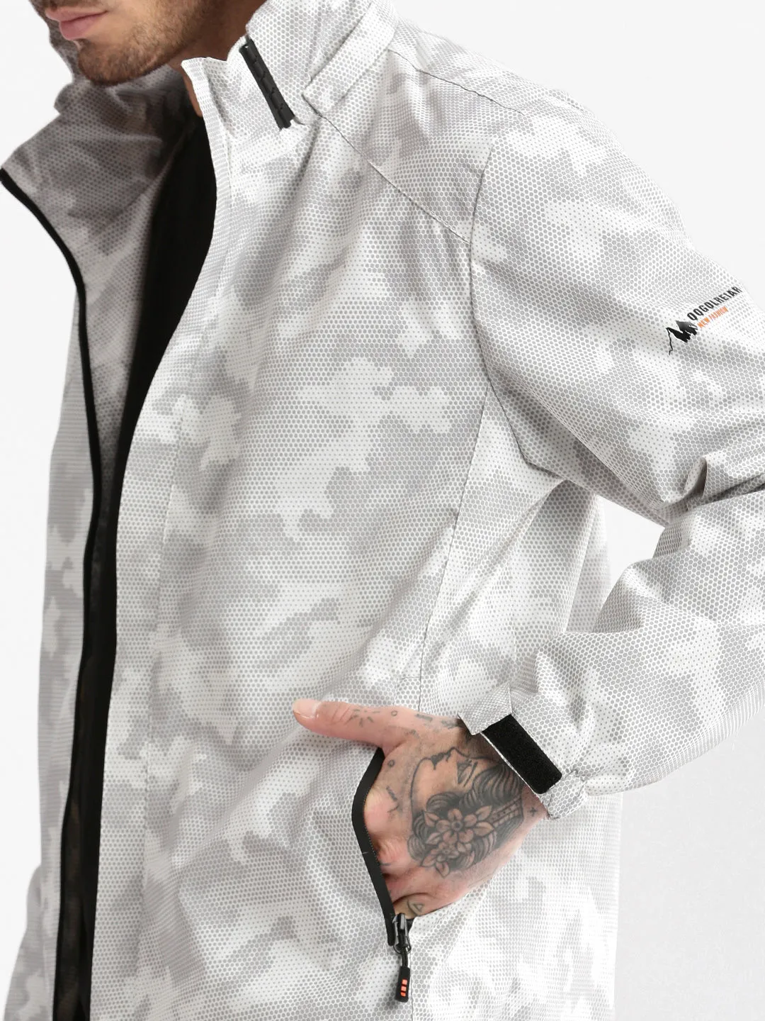 Men Hooded White Geometric Tailored Oversized Jacket comes with Detachable Hoodie