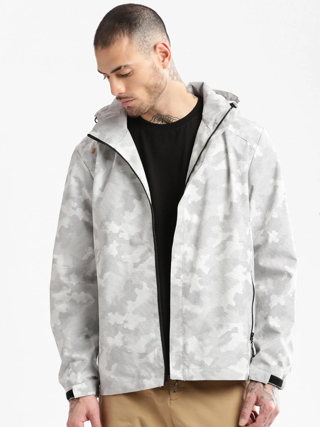 Men Hooded White Geometric Tailored Oversized Jacket comes with Detachable Hoodie
