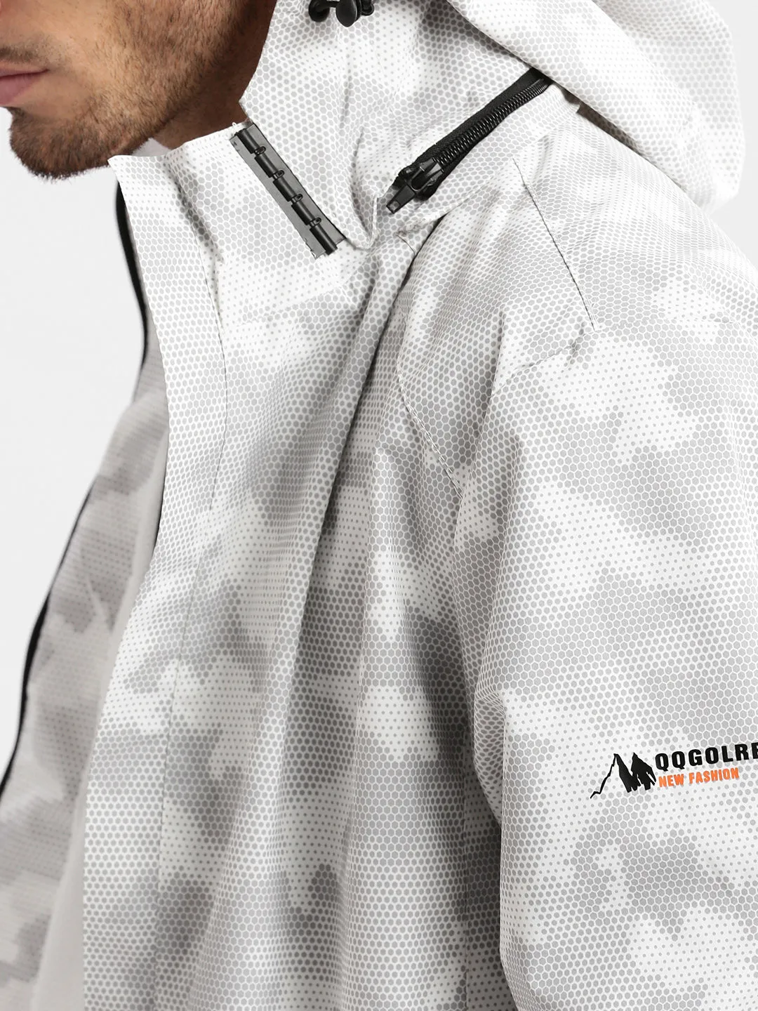 Men Hooded White Geometric Tailored Oversized Jacket comes with Detachable Hoodie