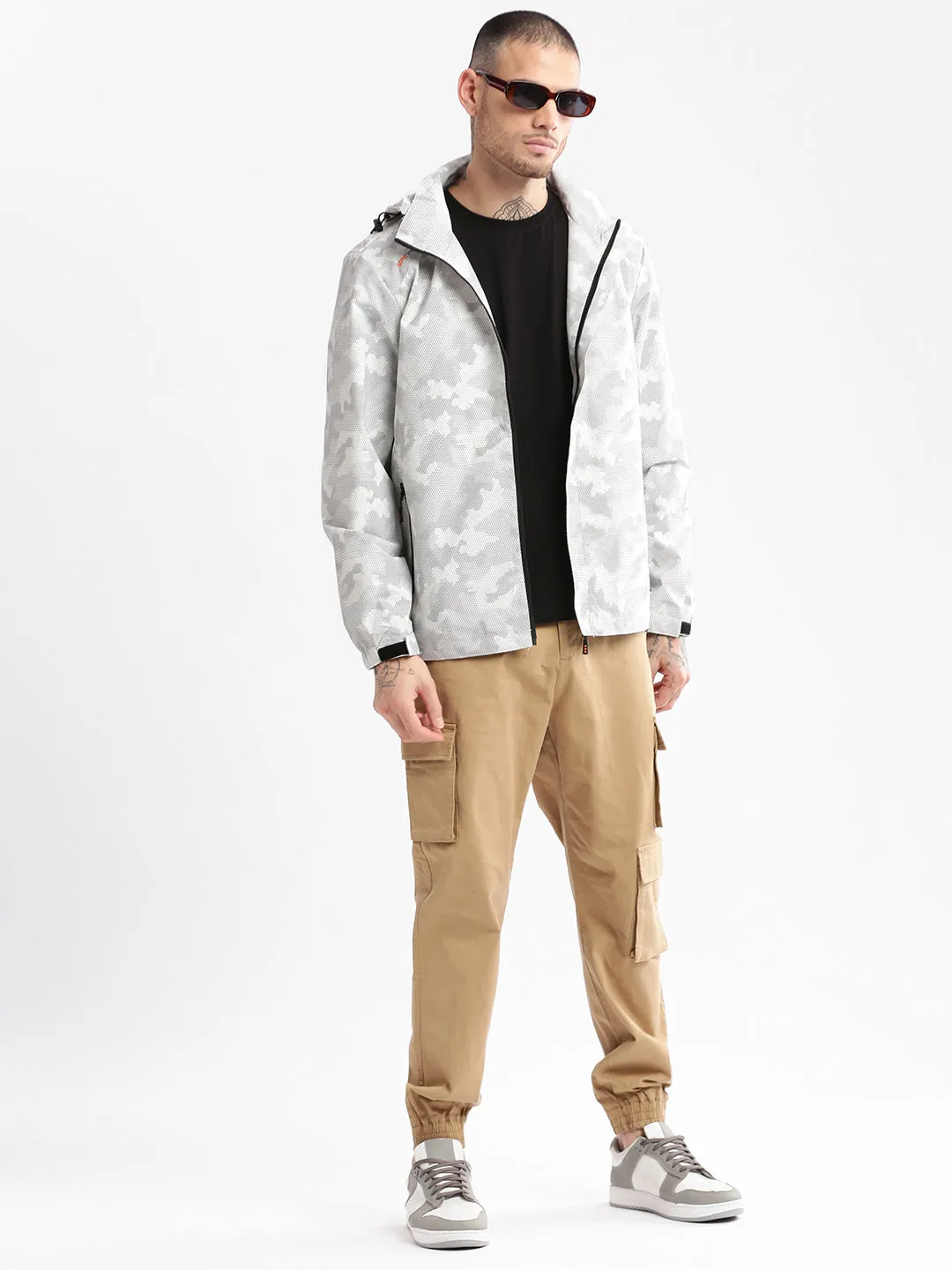 Men Hooded White Geometric Tailored Oversized Jacket comes with Detachable Hoodie