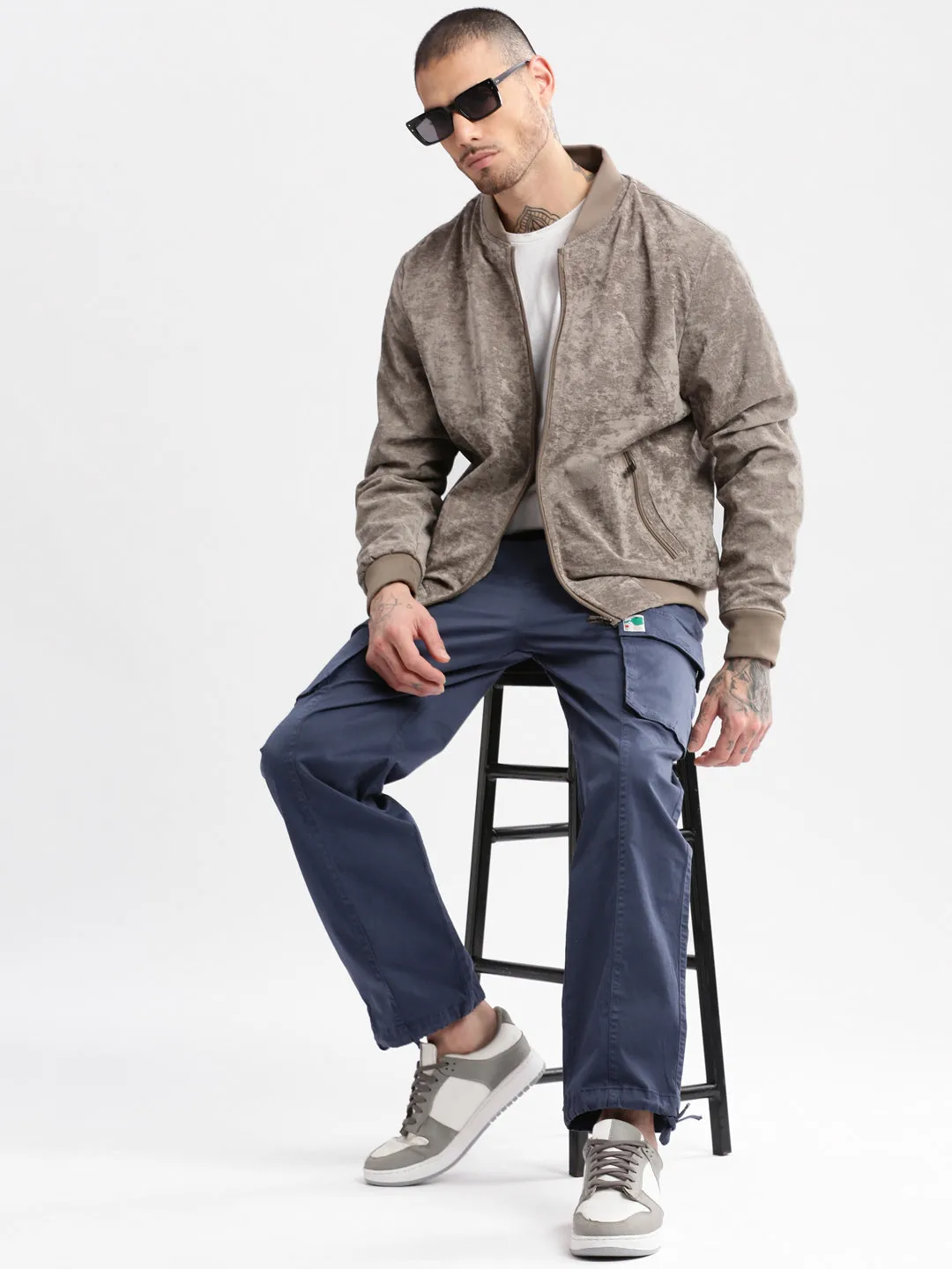 Men Mandarin Collar Beige Solid Bomber Jacket