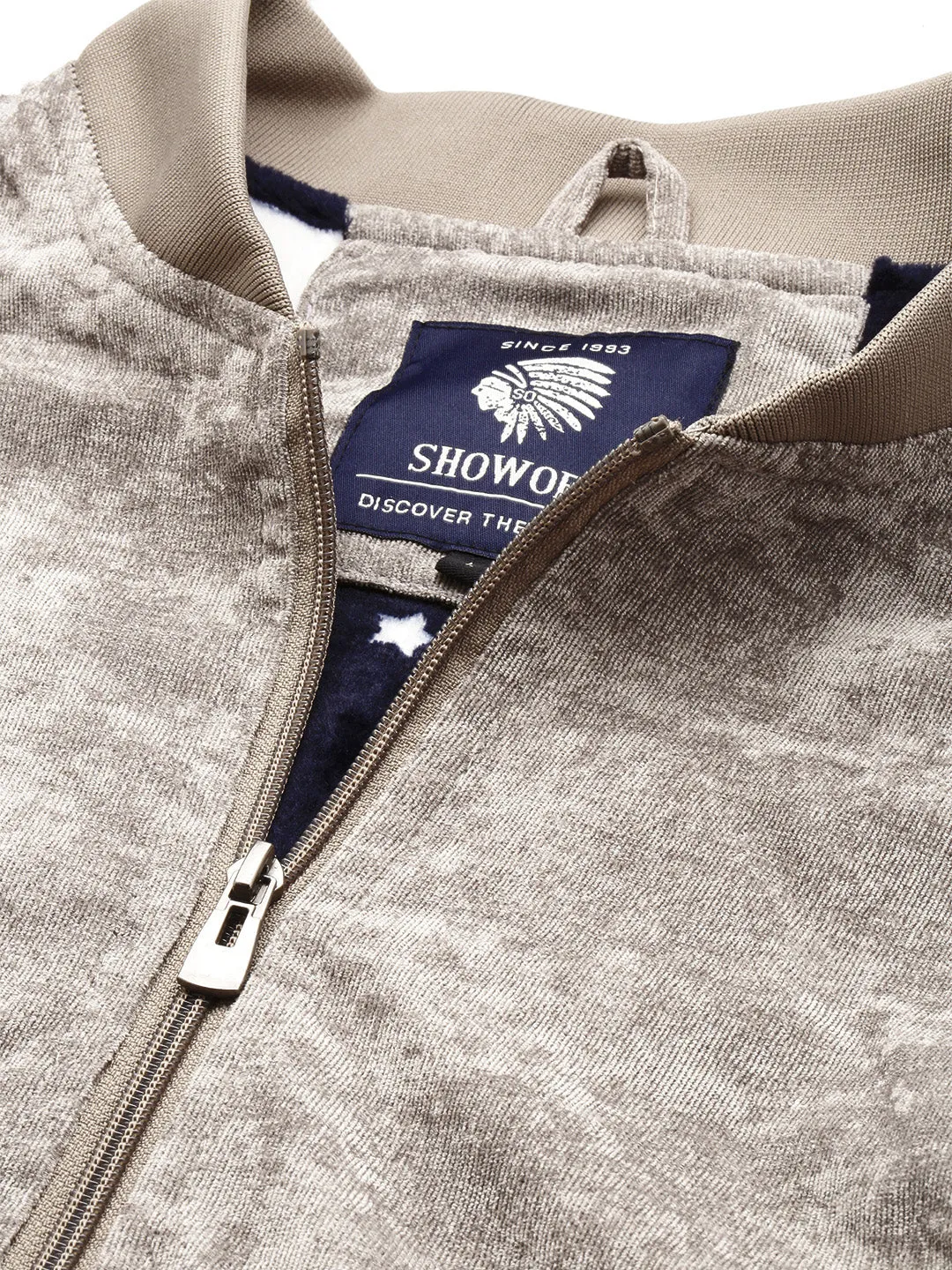 Men Mandarin Collar Beige Solid Bomber Jacket
