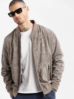 Men Mandarin Collar Beige Solid Bomber Jacket