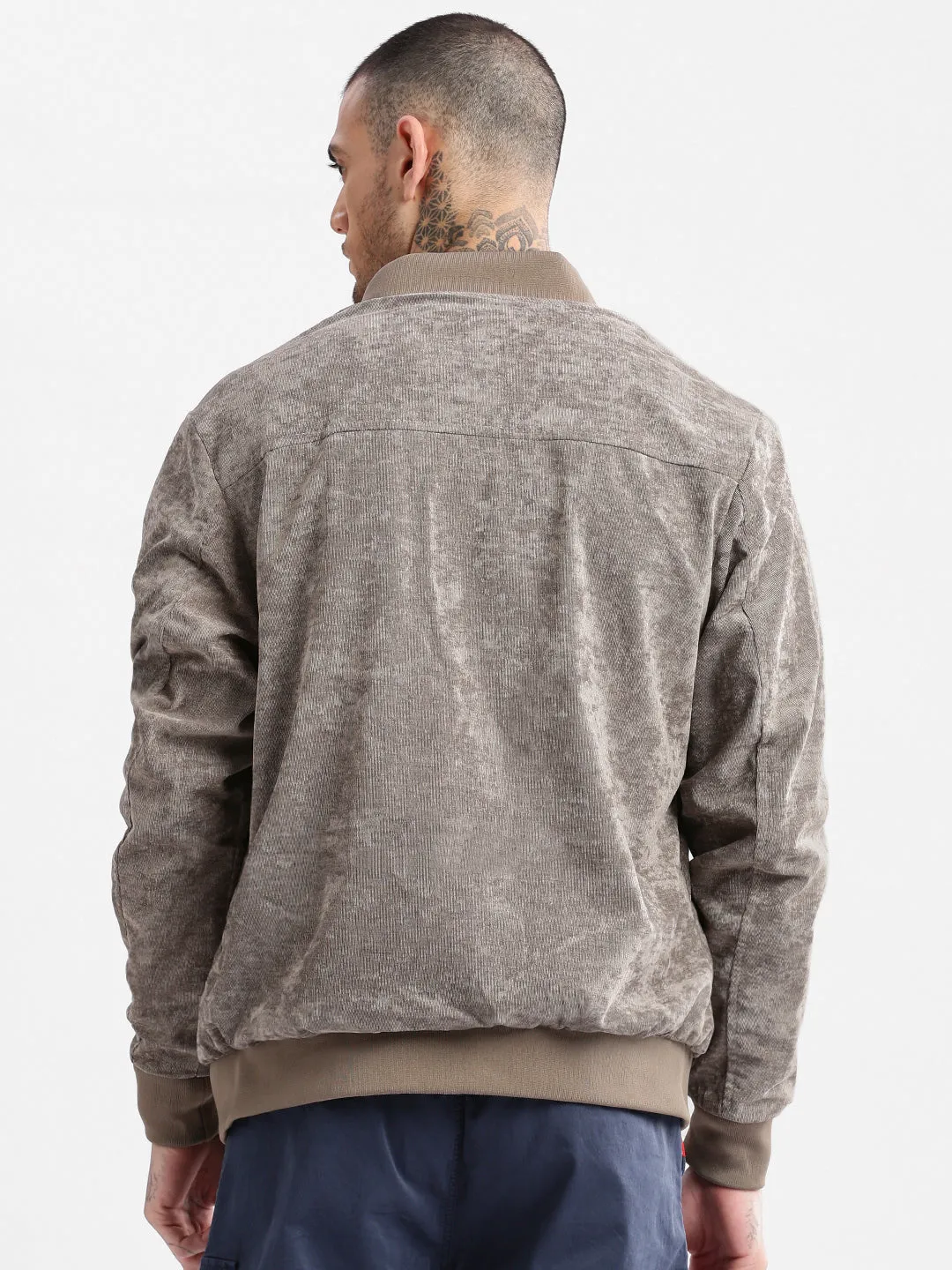 Men Mandarin Collar Beige Solid Bomber Jacket