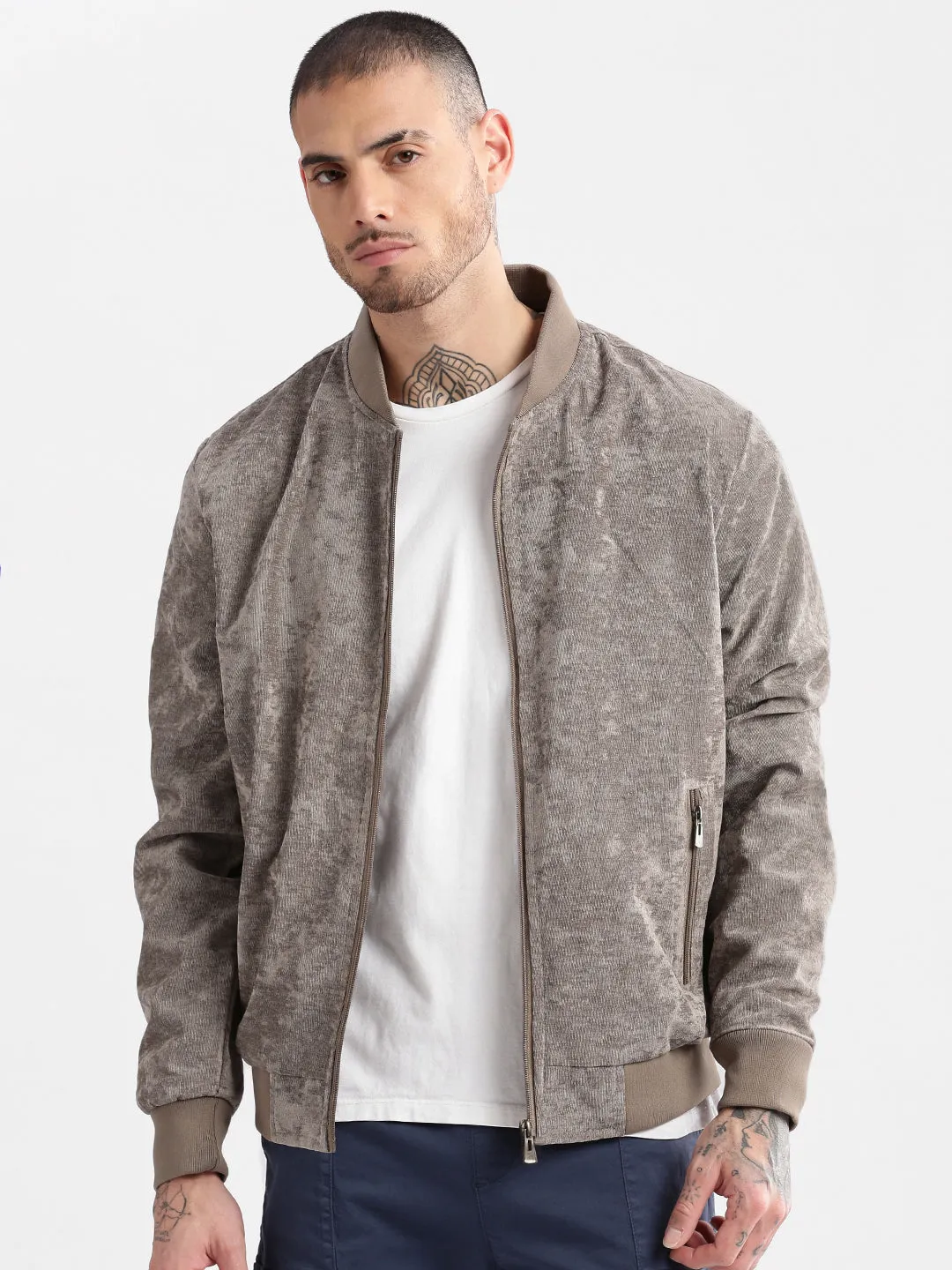 Men Mandarin Collar Beige Solid Bomber Jacket