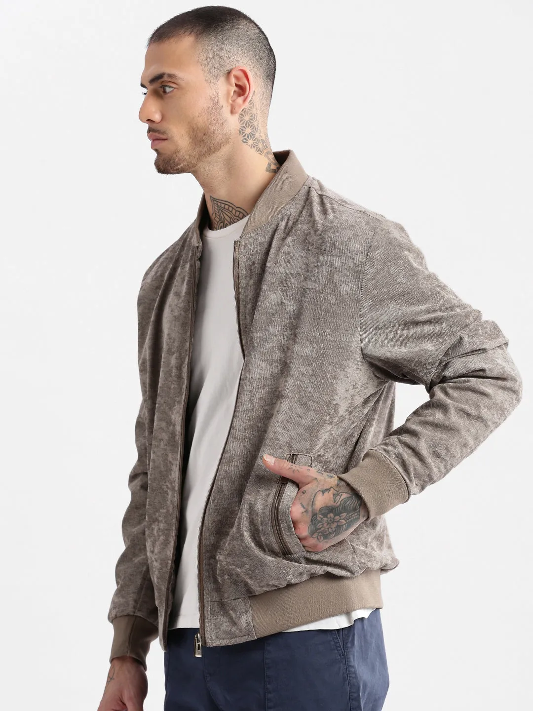 Men Mandarin Collar Beige Solid Bomber Jacket