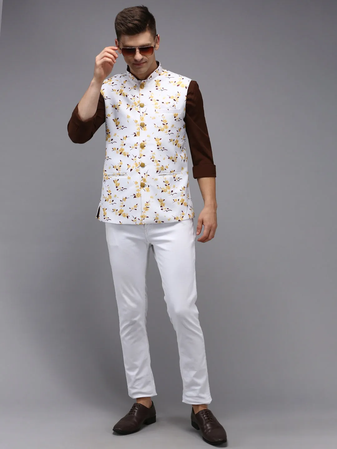 Men Mandarin Collar Printed White Nehru Jacket