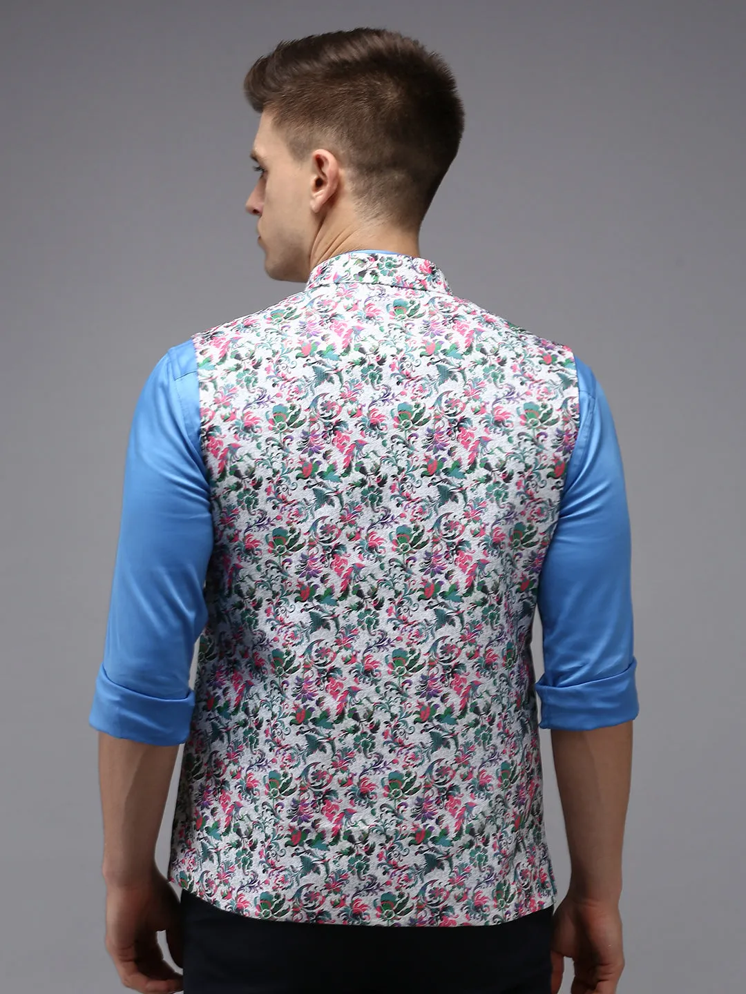 Men Mandarin Collar Printed White Nehru Jacket
