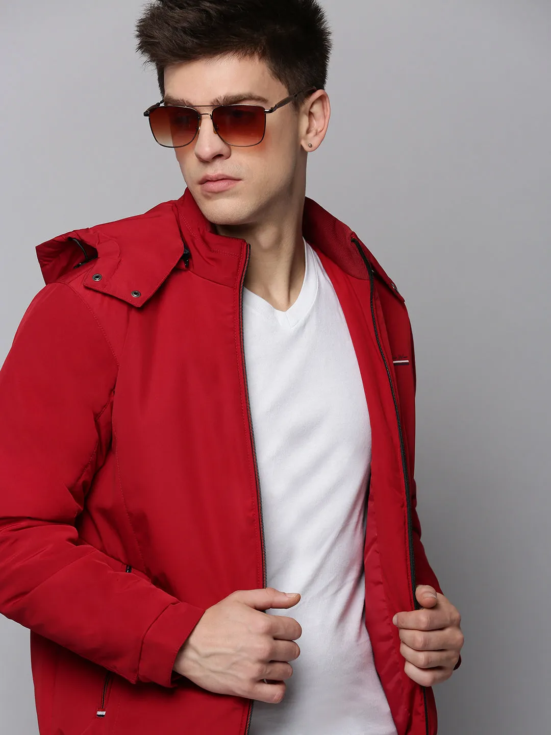 Men Maroon Hooded Bomber Jacket