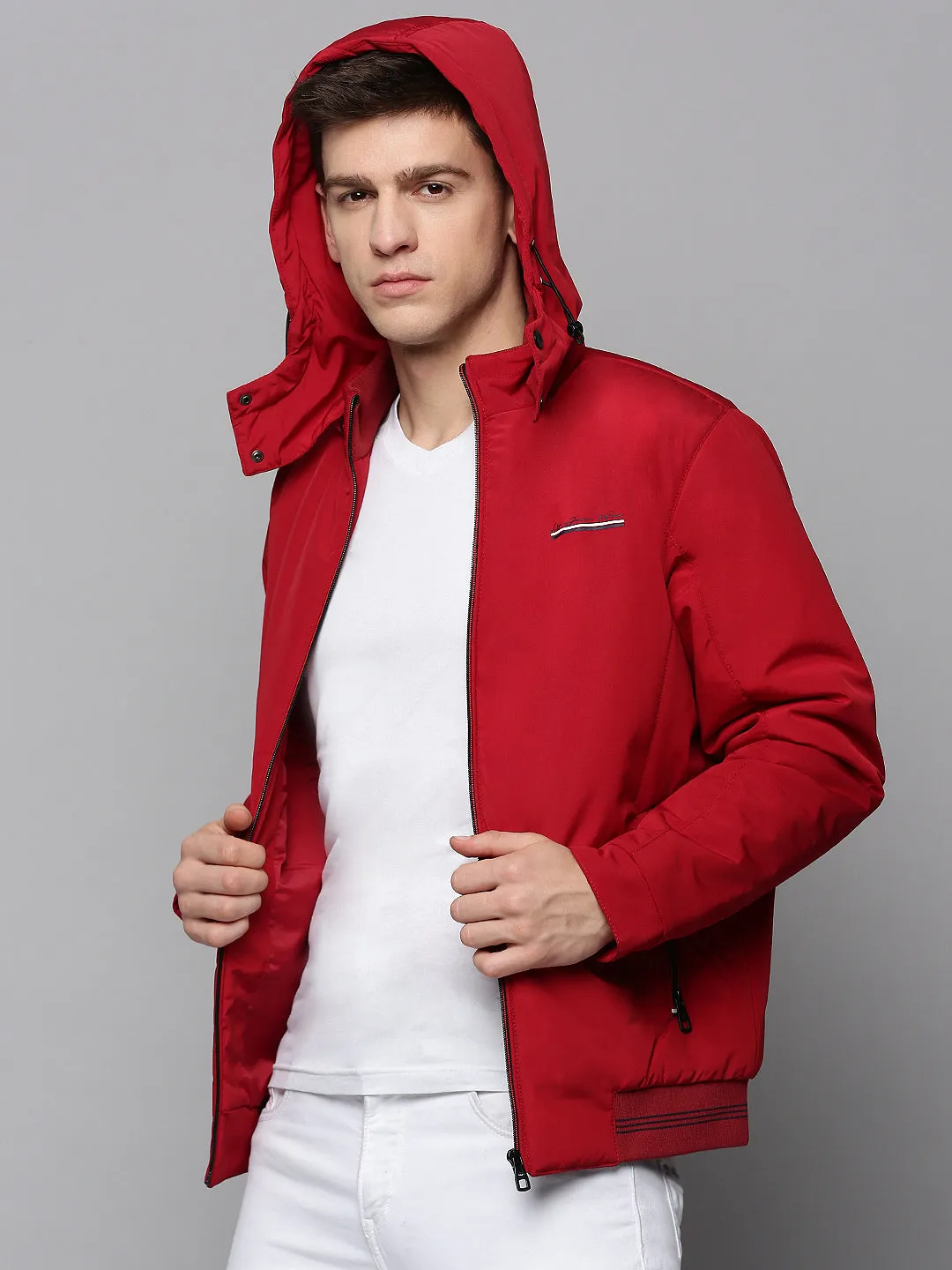 Men Maroon Hooded Bomber Jacket