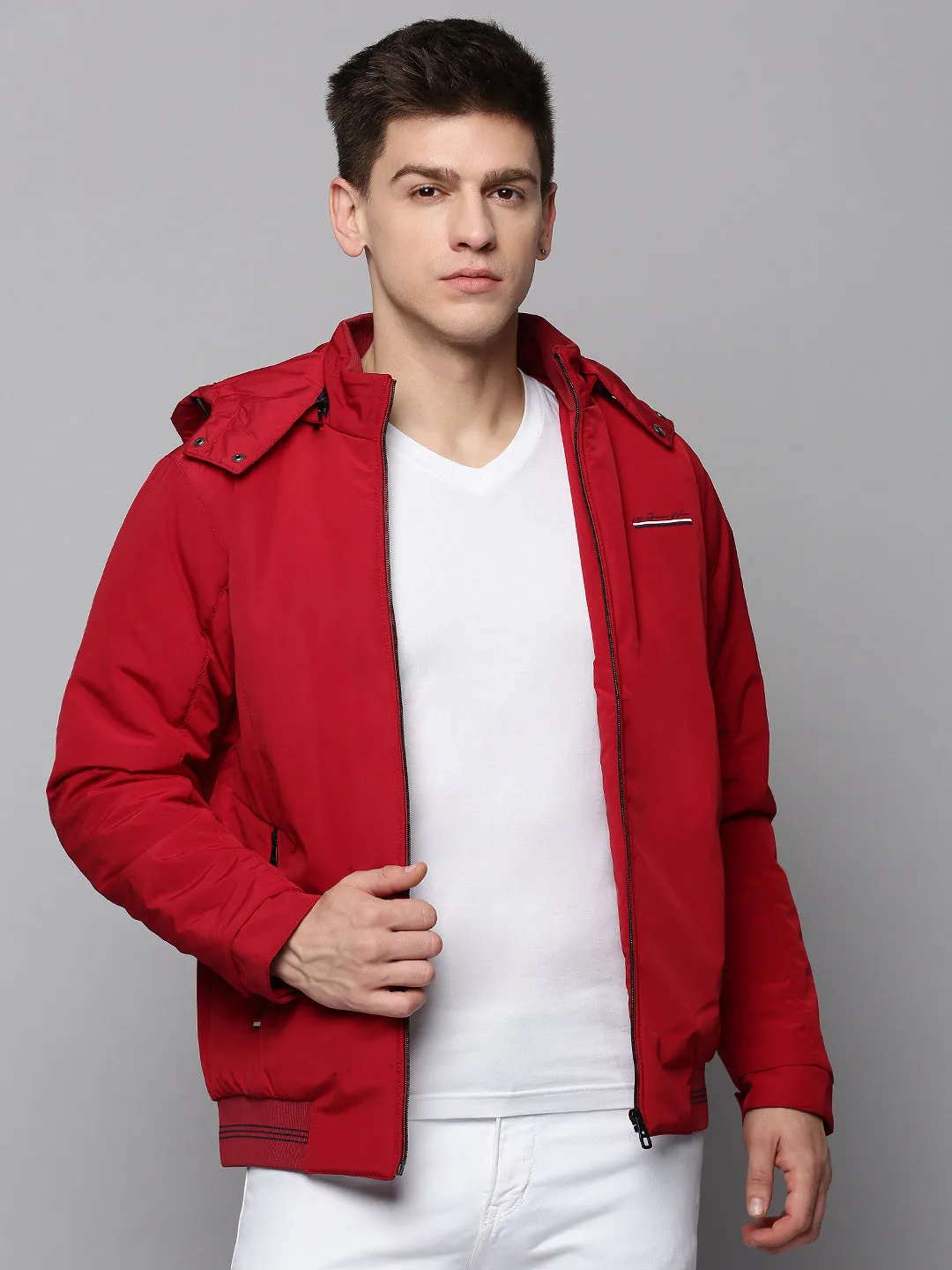 Men Maroon Hooded Bomber Jacket