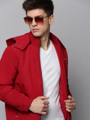 Men Maroon Hooded Bomber Jacket