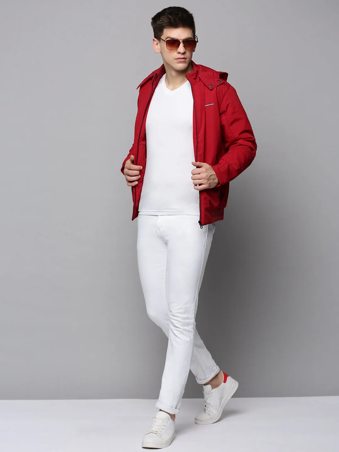 Men Maroon Hooded Bomber Jacket