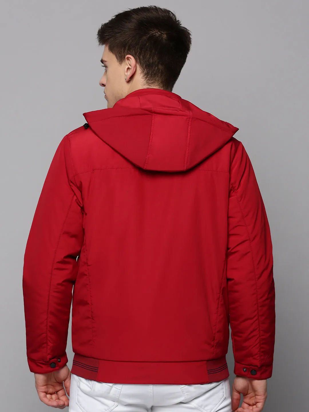 Men Maroon Hooded Bomber Jacket