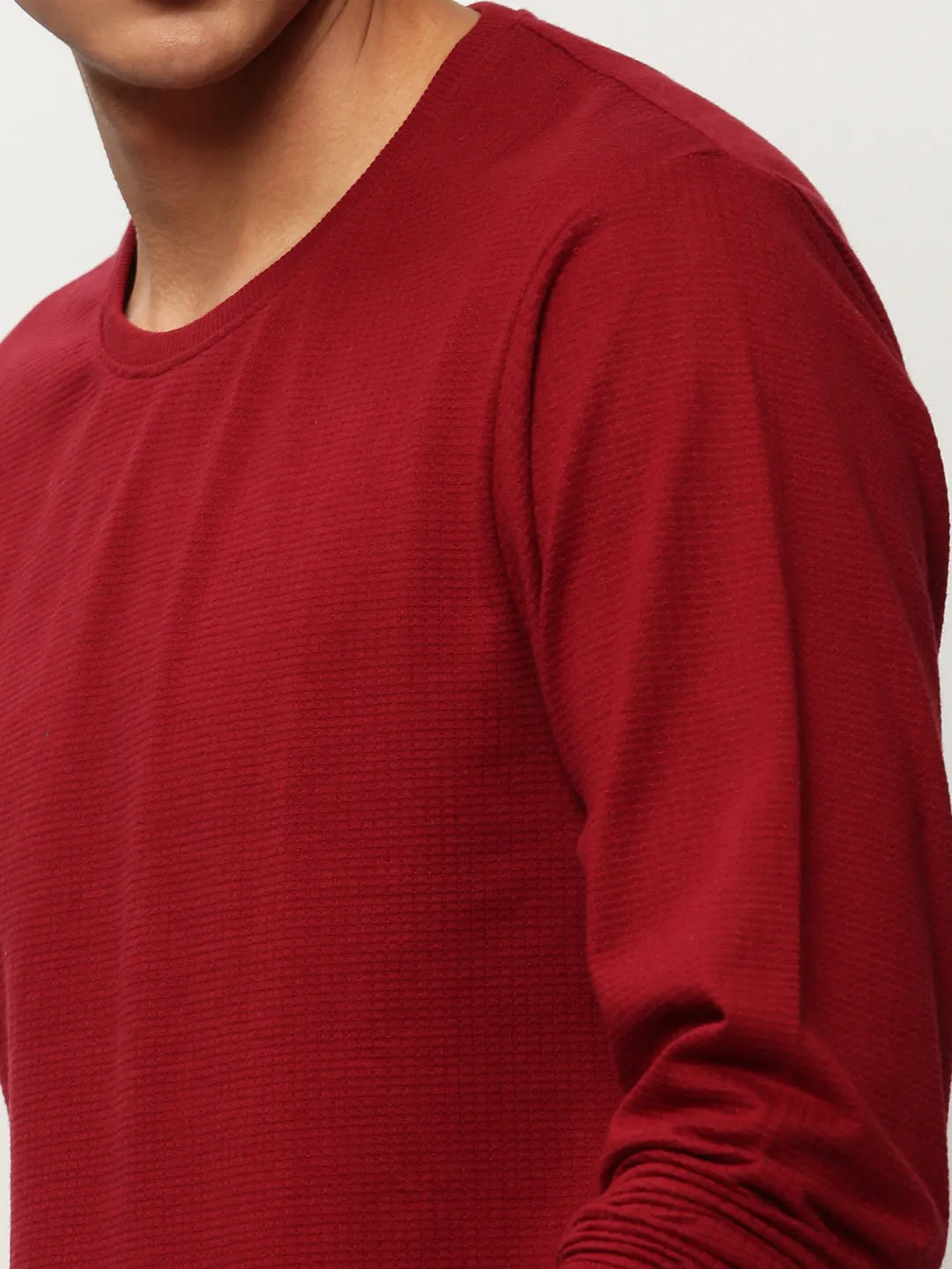 Men Maroon Self Design cotton Pullover