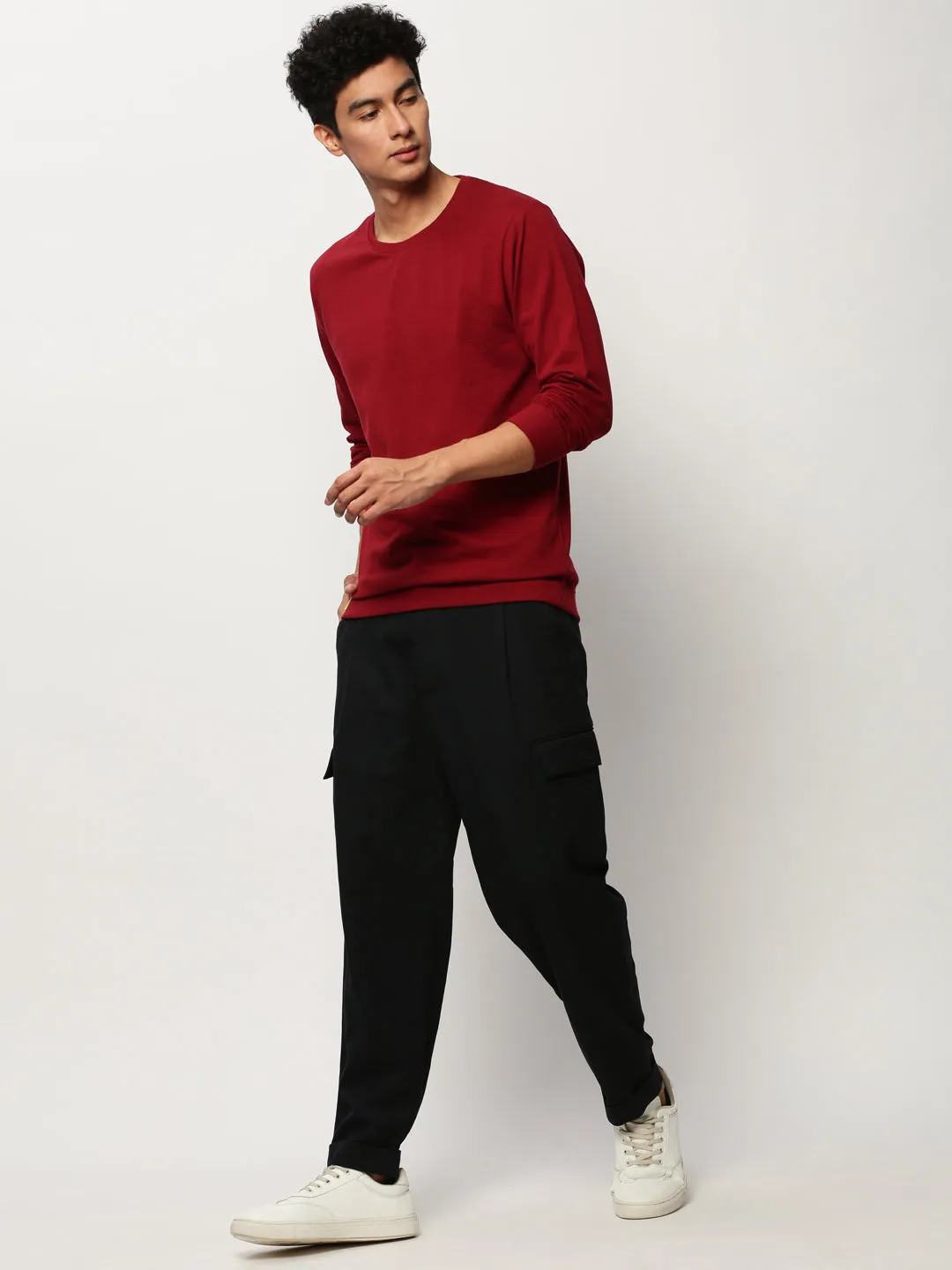 Men Maroon Self Design cotton Pullover