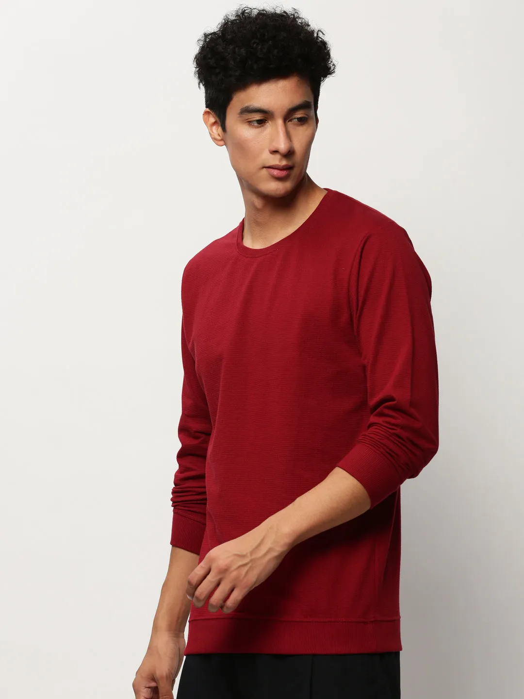 Men Maroon Self Design cotton Pullover