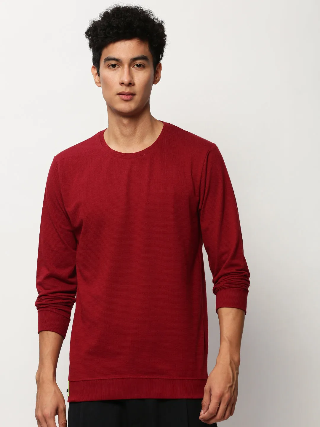 Men Maroon Self Design cotton Pullover