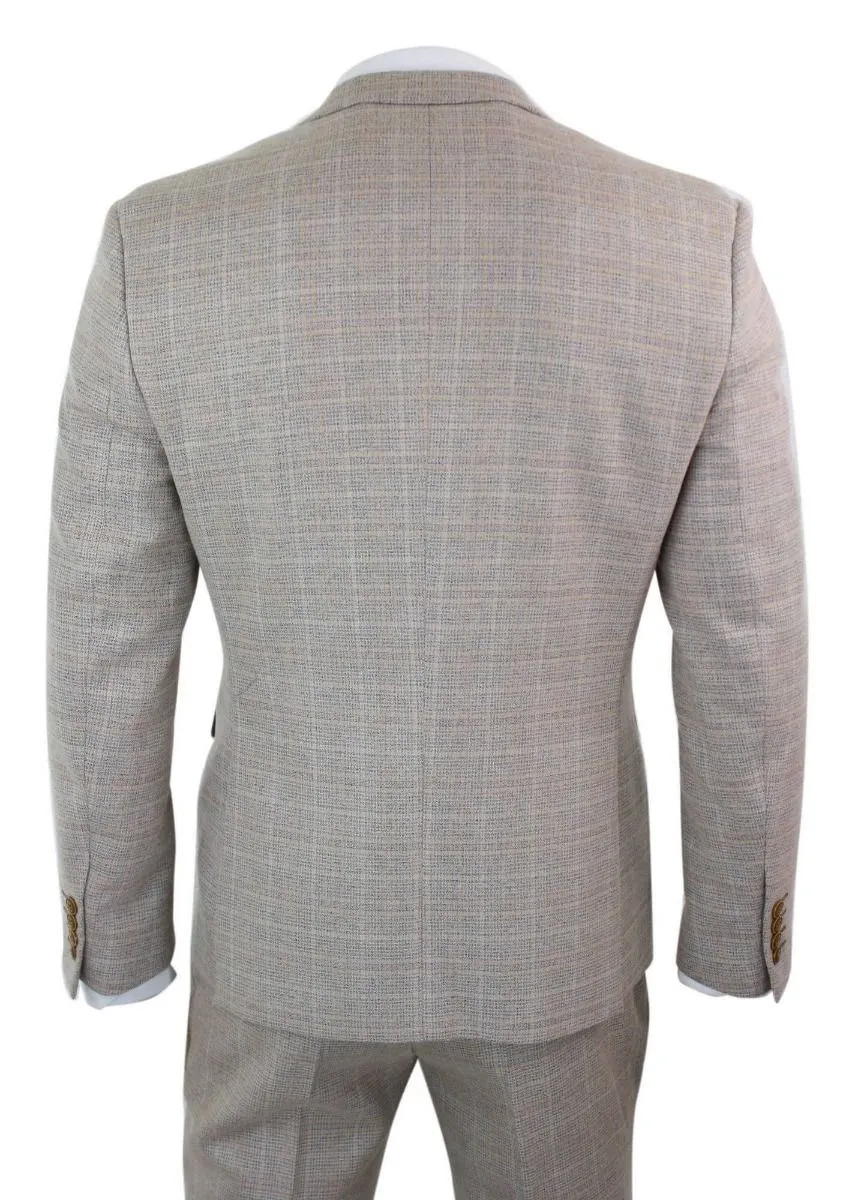 Mens 3 Piece Beige Tweed Check Vintage Retro Suit