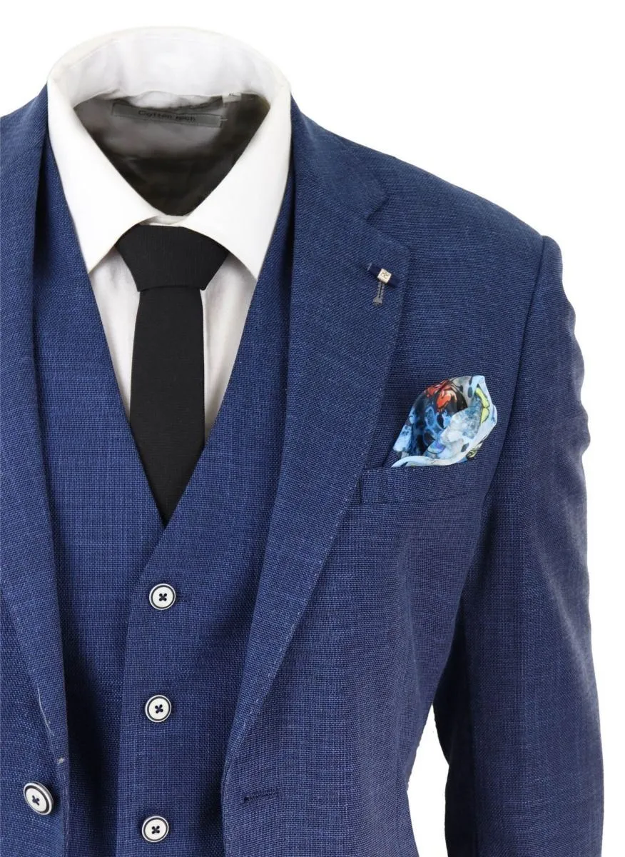 Mens 3 Piece Blue Linen Summer Spring Classic Suit