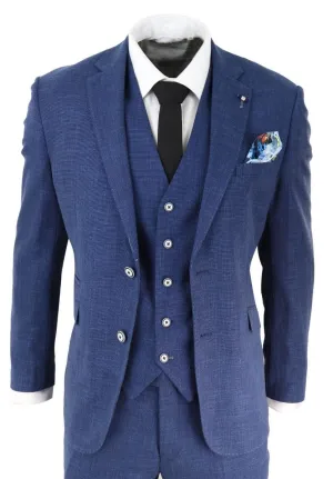 Mens 3 Piece Blue Linen Summer Spring Classic Suit