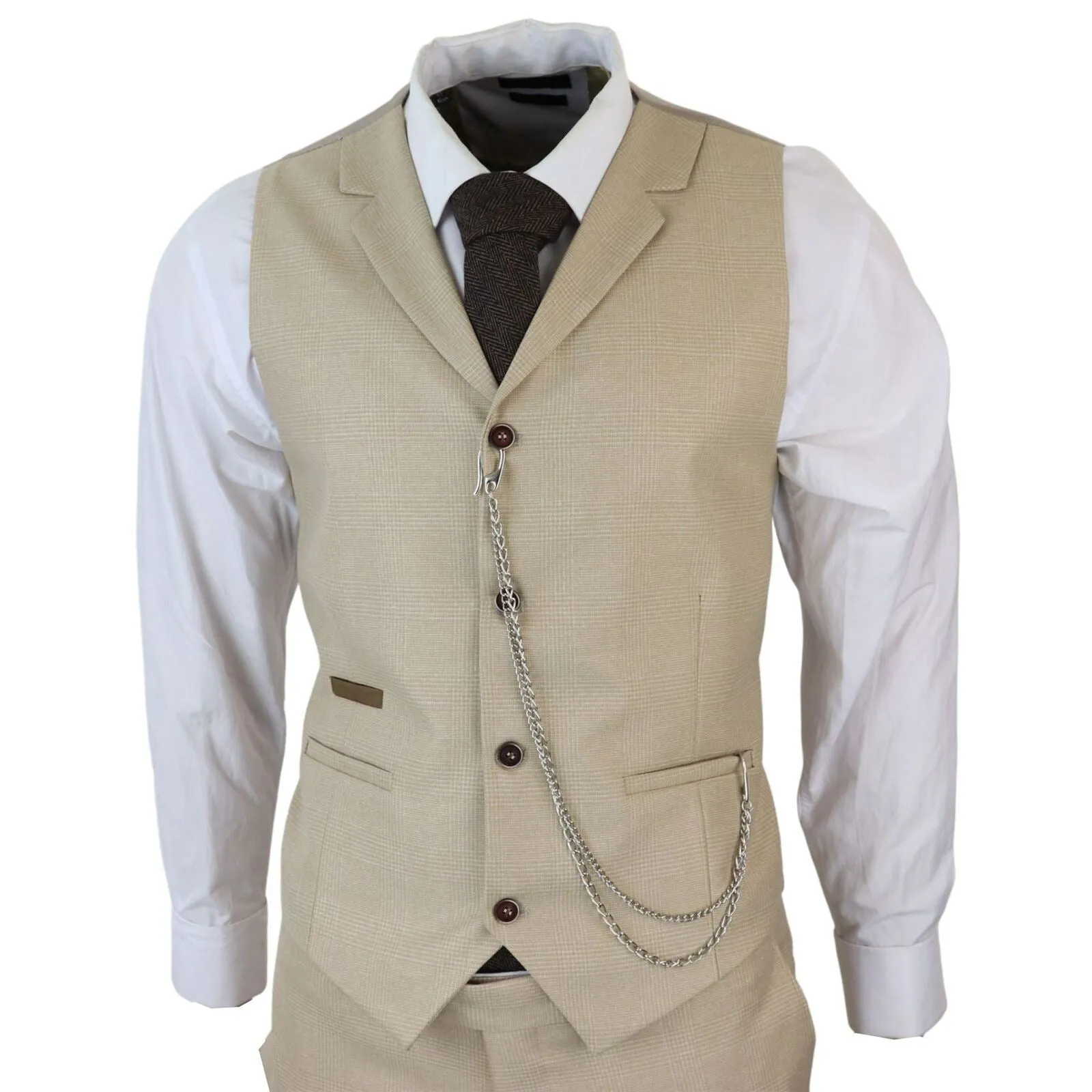 Men's 3 Piece Cream Prince Of Wales Check Suit