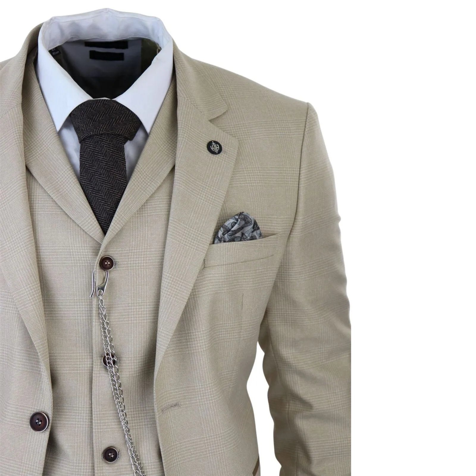 Men's 3 Piece Cream Prince Of Wales Check Suit