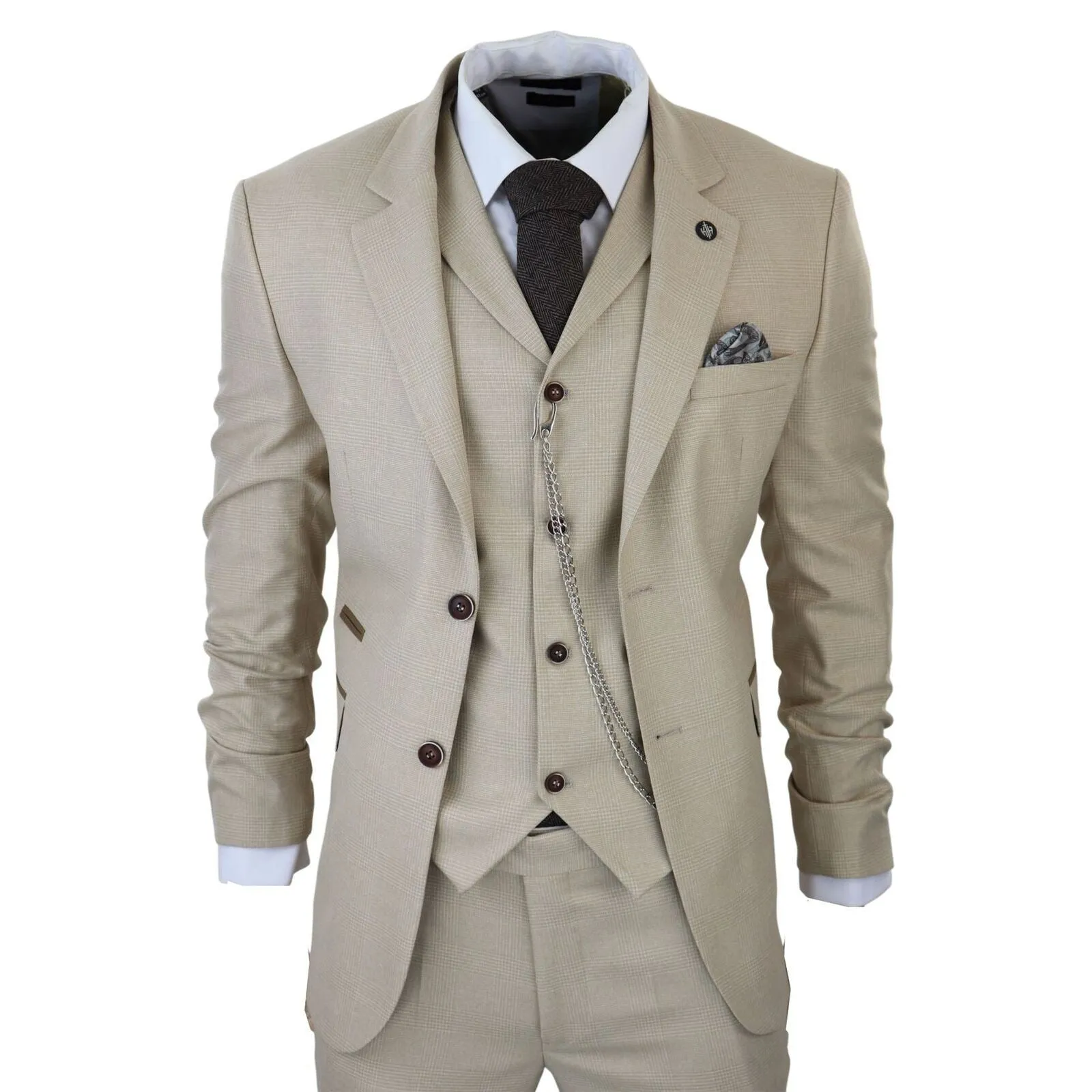 Men's 3 Piece Cream Prince Of Wales Check Suit