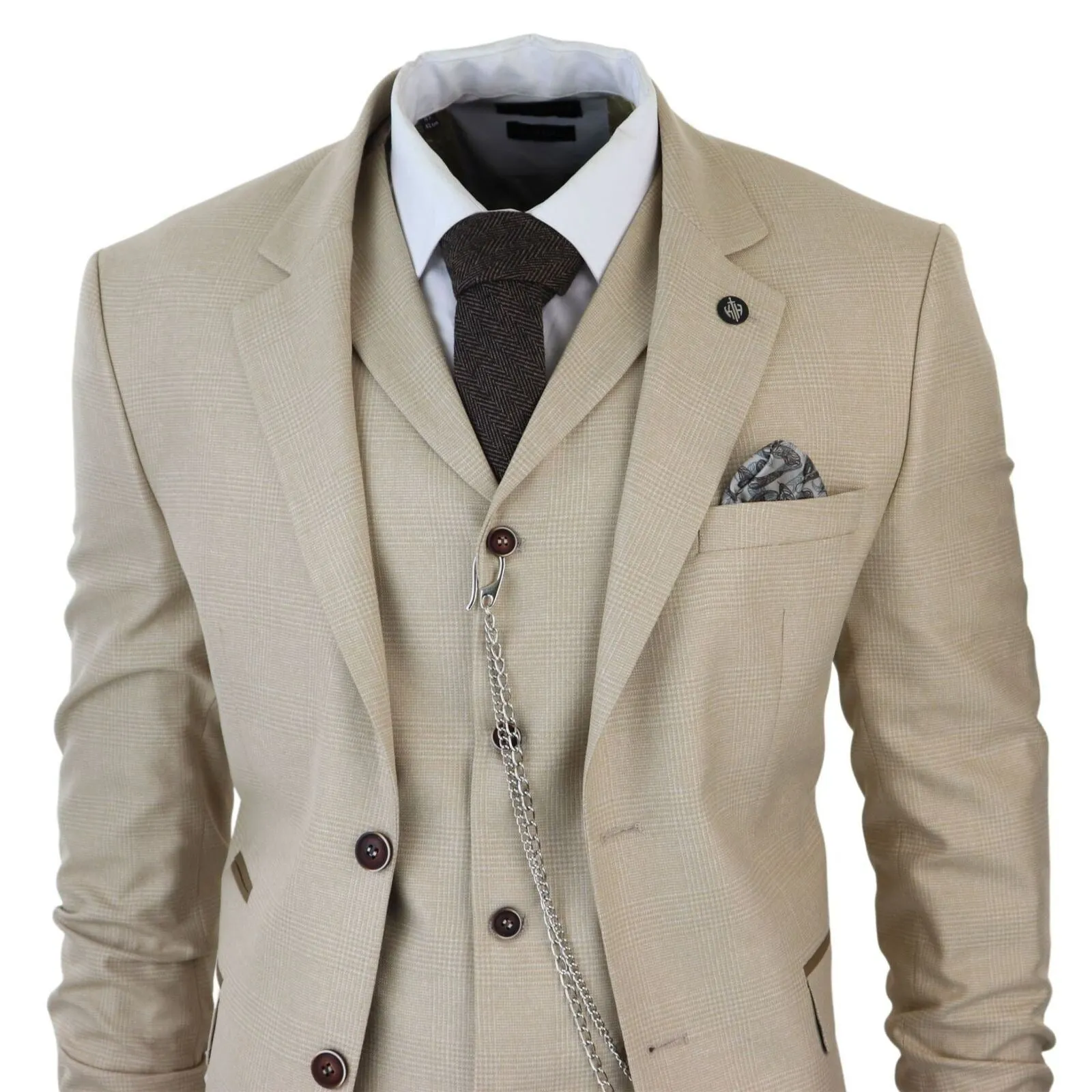 Men's 3 Piece Cream Prince Of Wales Check Suit