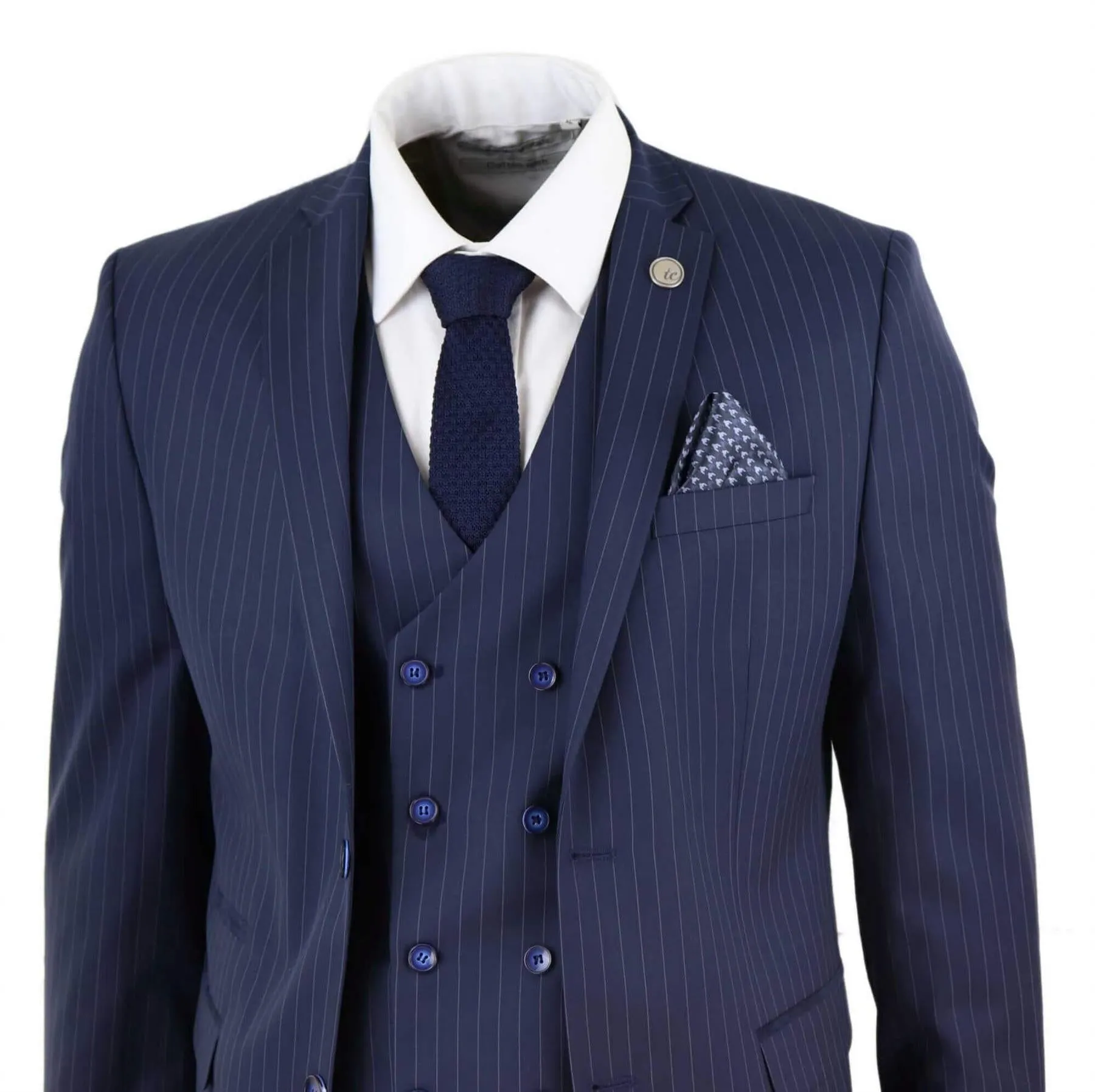 Men's 3 Piece Navy Blue Pinstripe Retro Suit