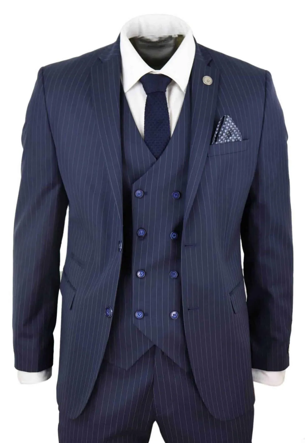 Men's 3 Piece Navy Blue Pinstripe Retro Suit
