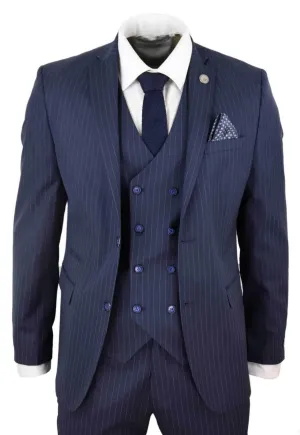 Men's 3 Piece Navy Blue Pinstripe Retro Suit