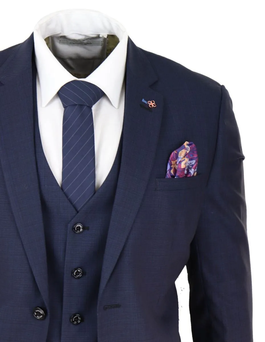 Mens 3 Piece Navy Blue Tailored Fit Retro Classic Suit
