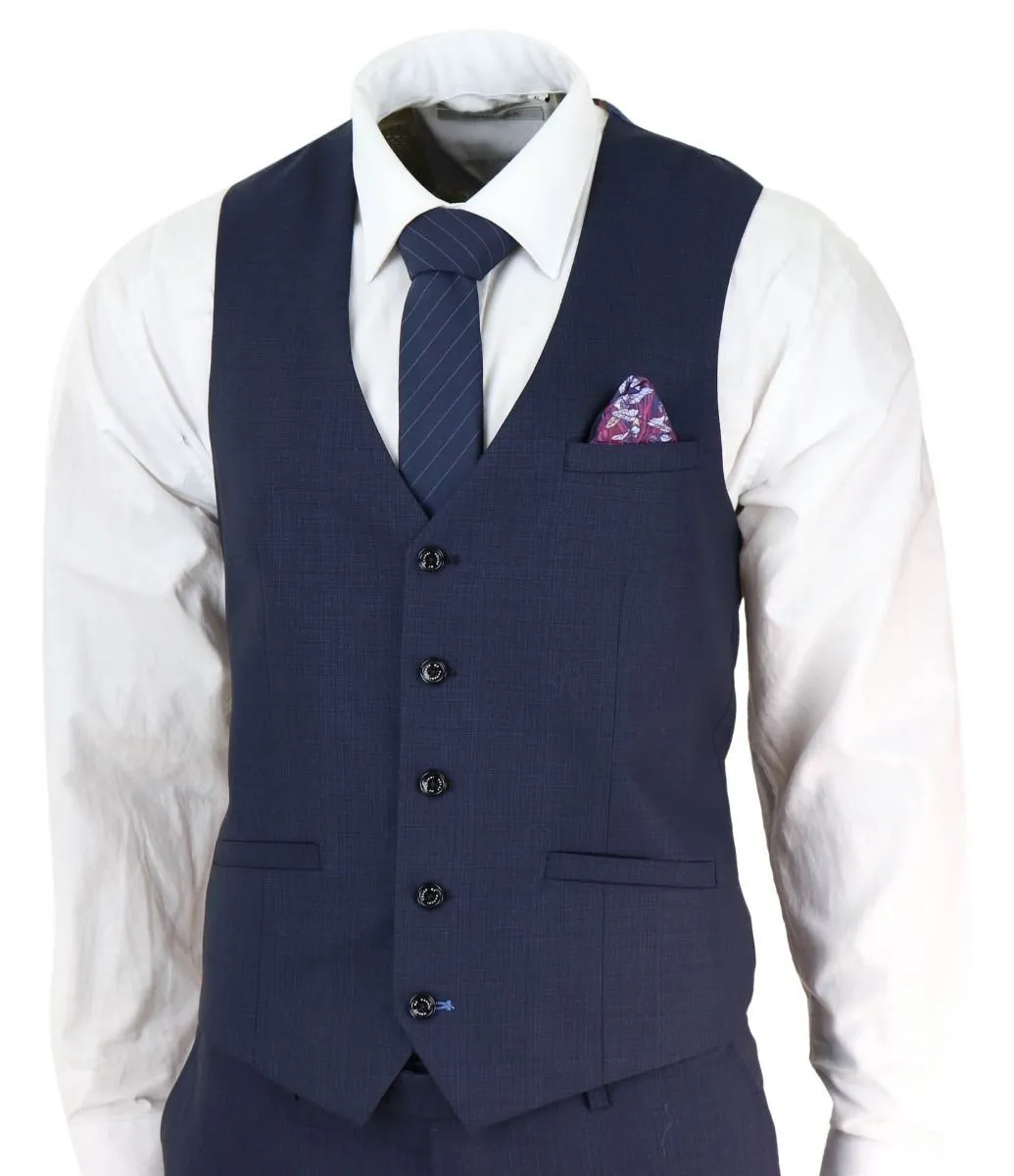 Mens 3 Piece Navy Blue Tailored Fit Retro Classic Suit