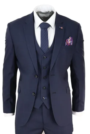 Mens 3 Piece Navy Blue Tailored Fit Retro Classic Suit