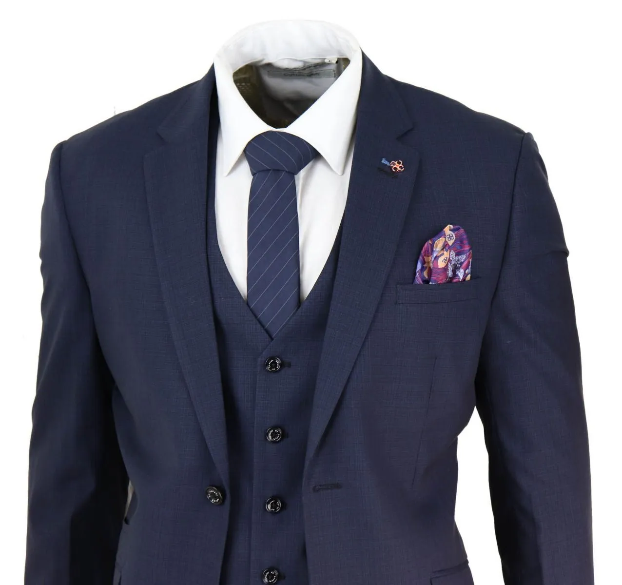 Mens 3 Piece Navy Blue Tailored Fit Retro Classic Suit
