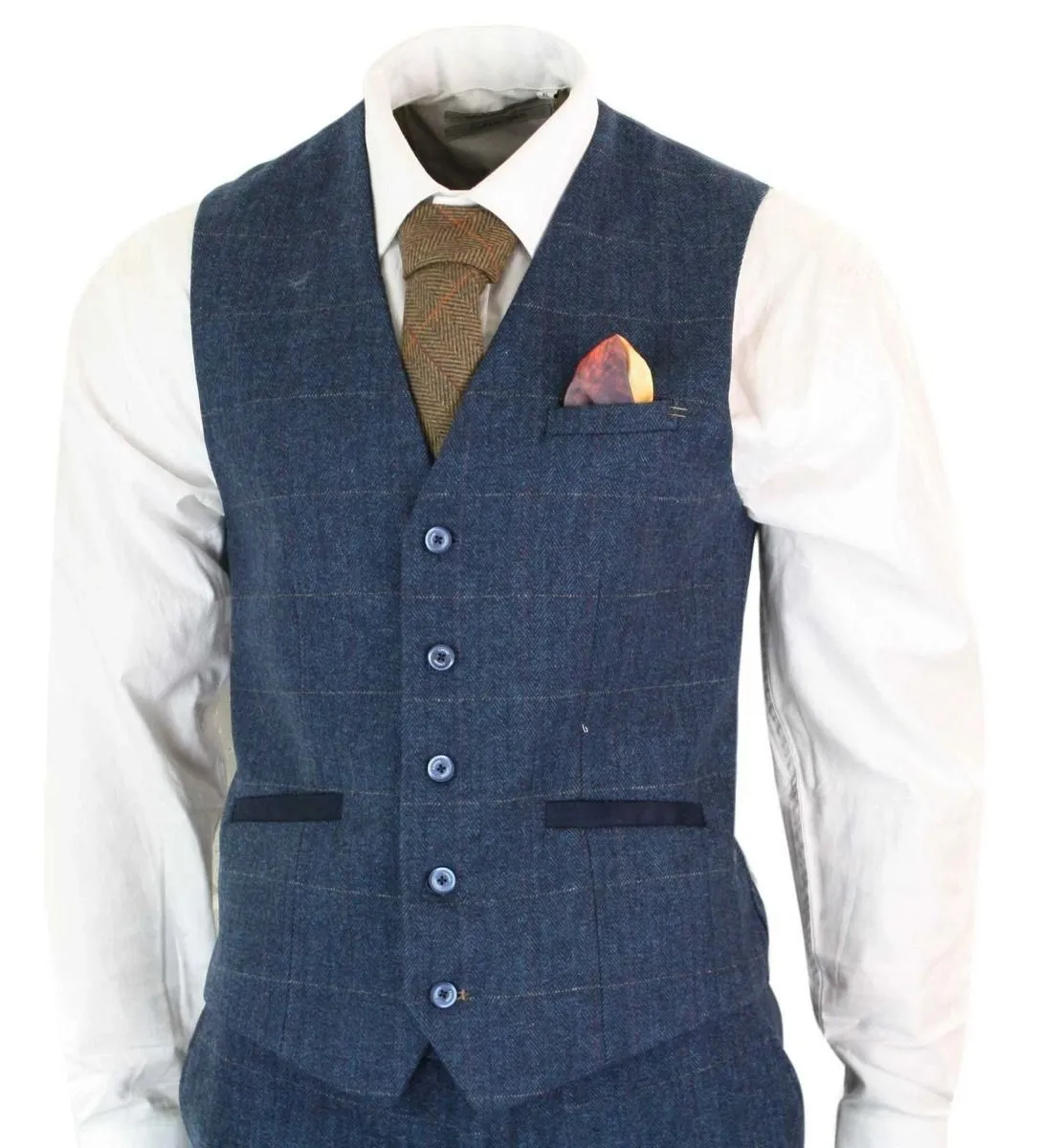 Mens 3 Piece Navy Blue Tweed Herringbone Vintage Classic Suit