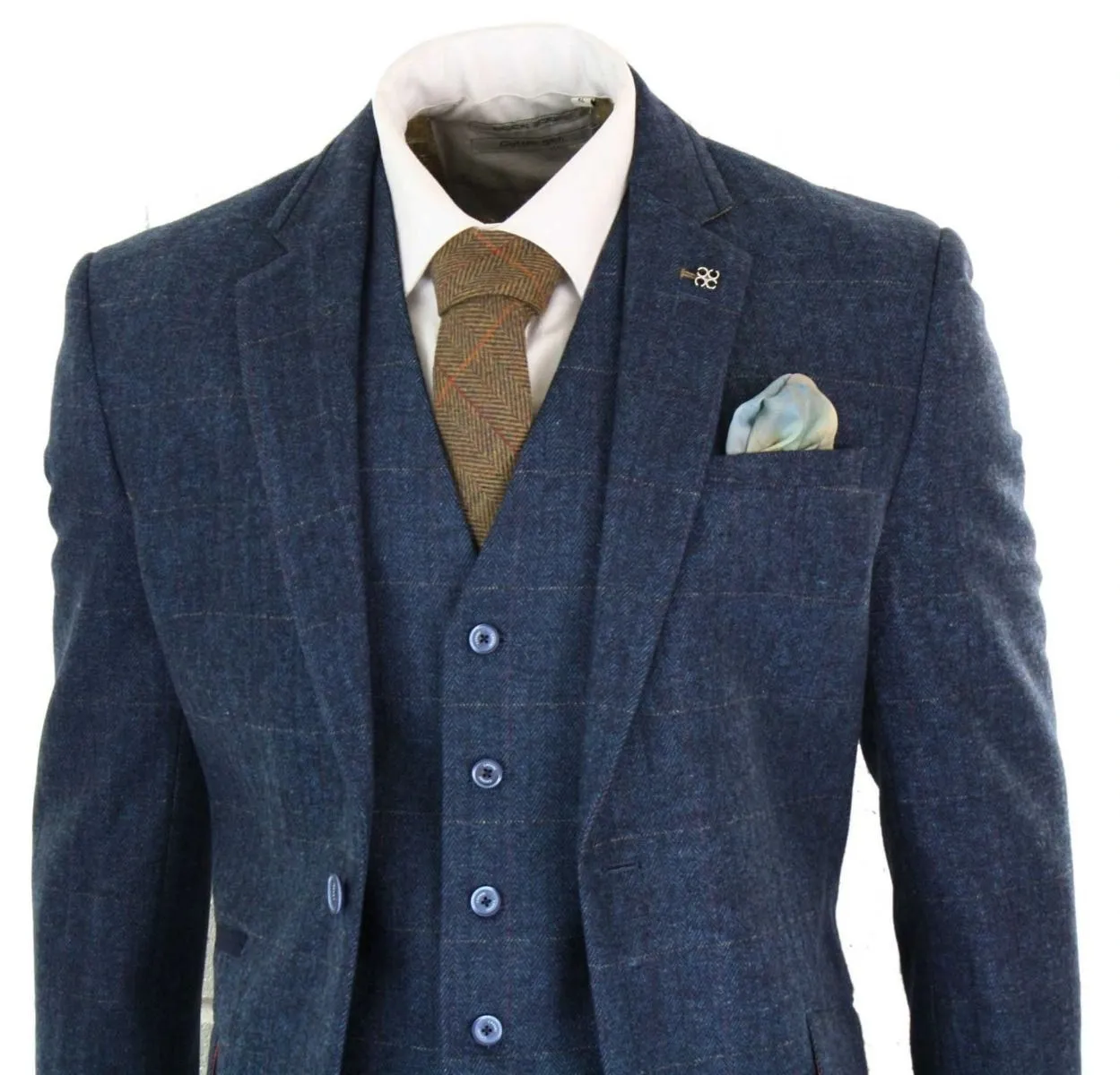 Mens 3 Piece Navy Blue Tweed Herringbone Vintage Classic Suit
