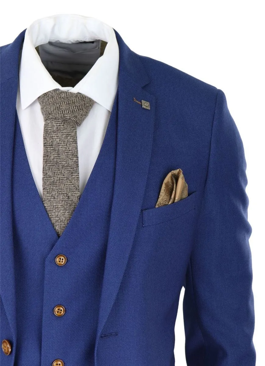 Mens 3 Piece Royal Blue Birdseye Classic Suit