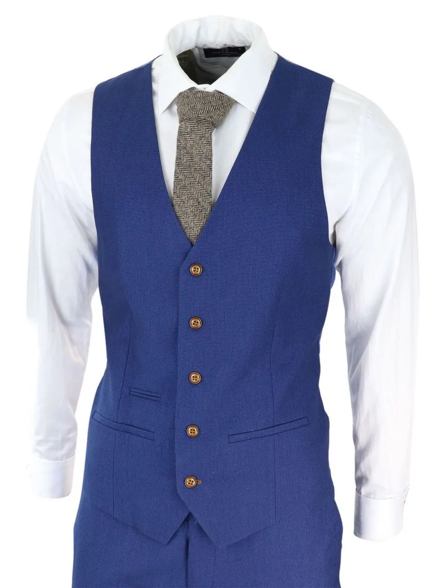 Mens 3 Piece Royal Blue Birdseye Classic Suit