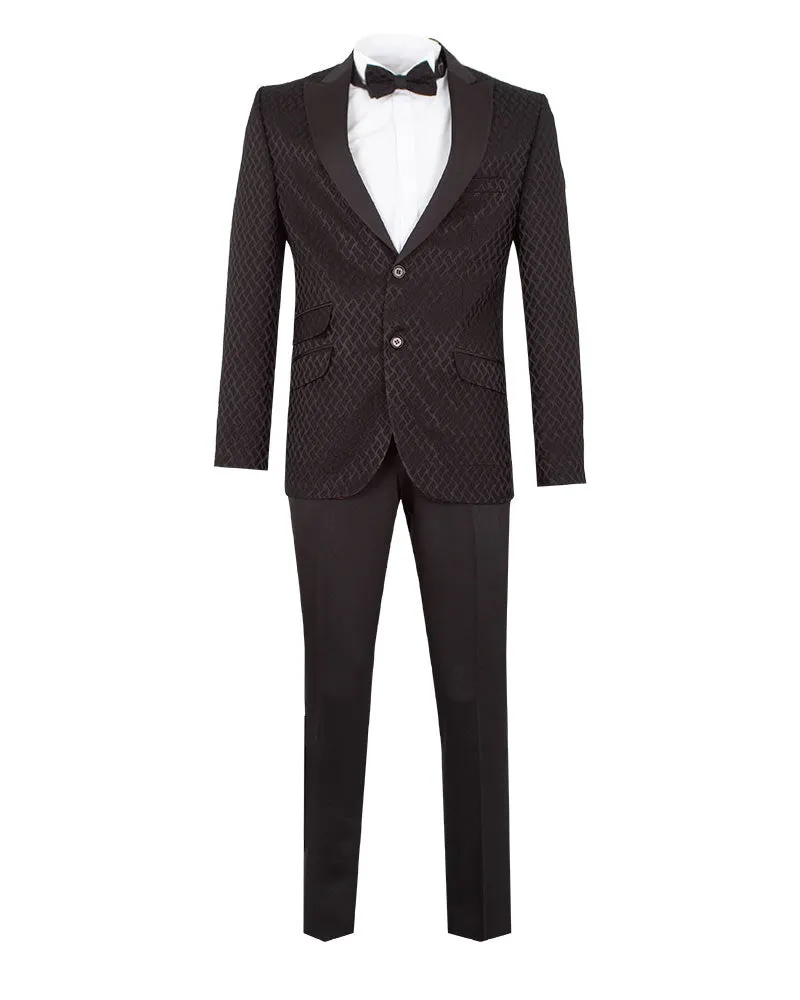 Men's Black Patterned 3 Piece Contrasting Lapel Suit