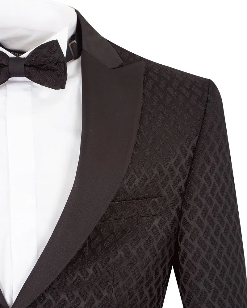 Men's Black Patterned 3 Piece Contrasting Lapel Suit