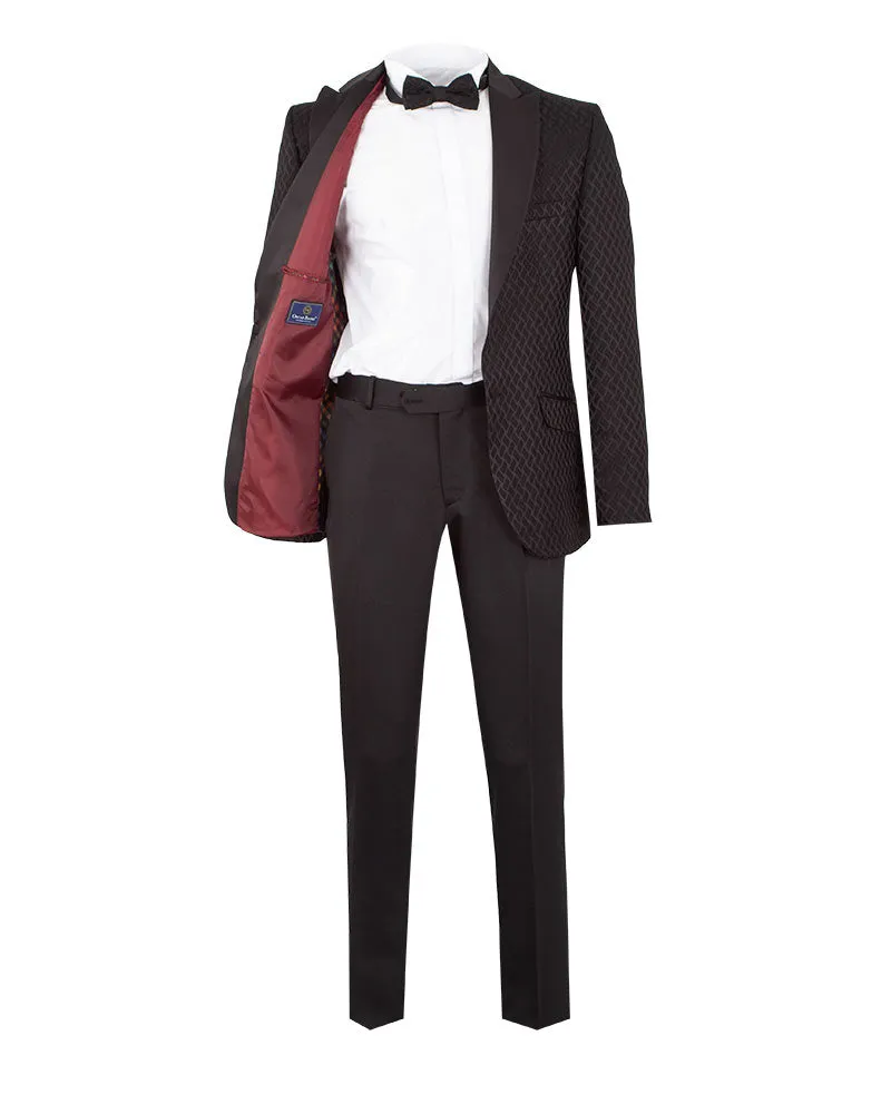 Men's Black Patterned 3 Piece Contrasting Lapel Suit