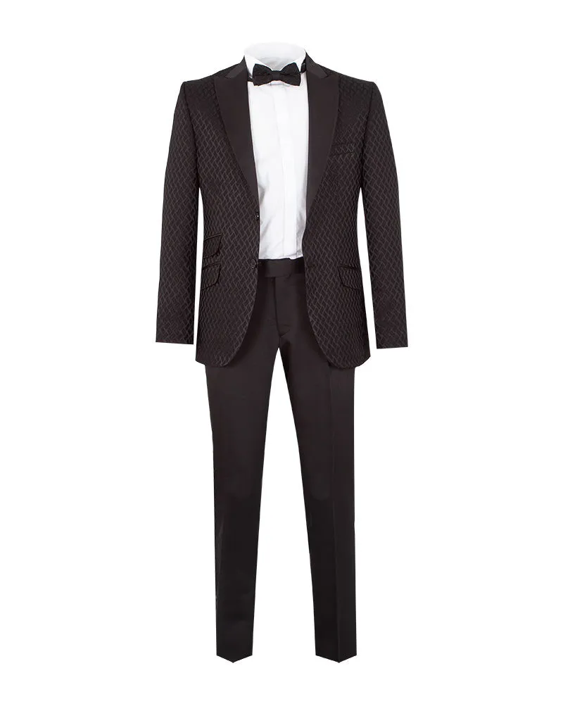 Men's Black Patterned 3 Piece Contrasting Lapel Suit