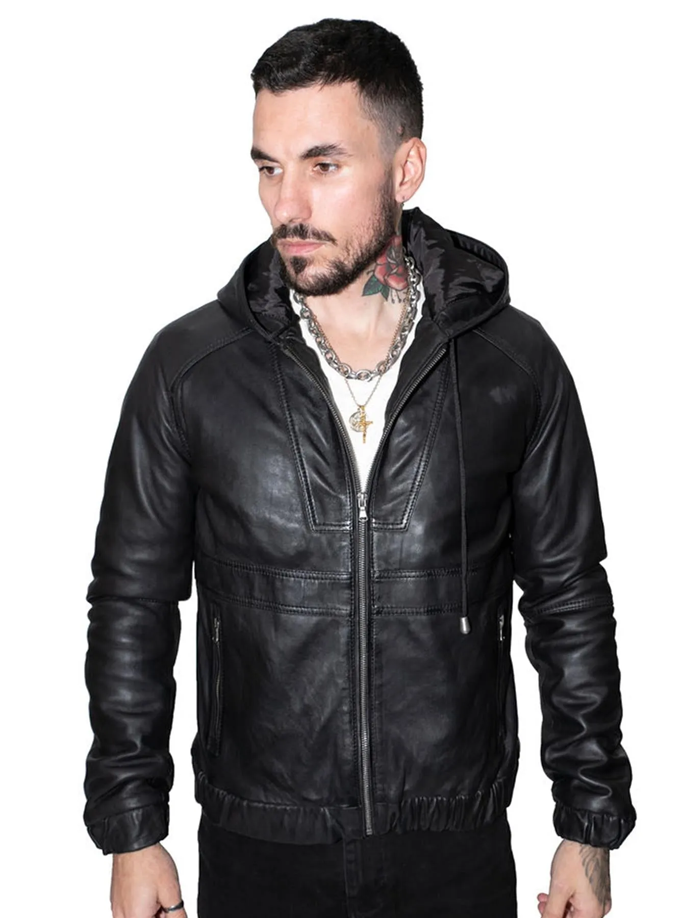 Men's Casual Leather Hooded Bomber Jacket-Odesa