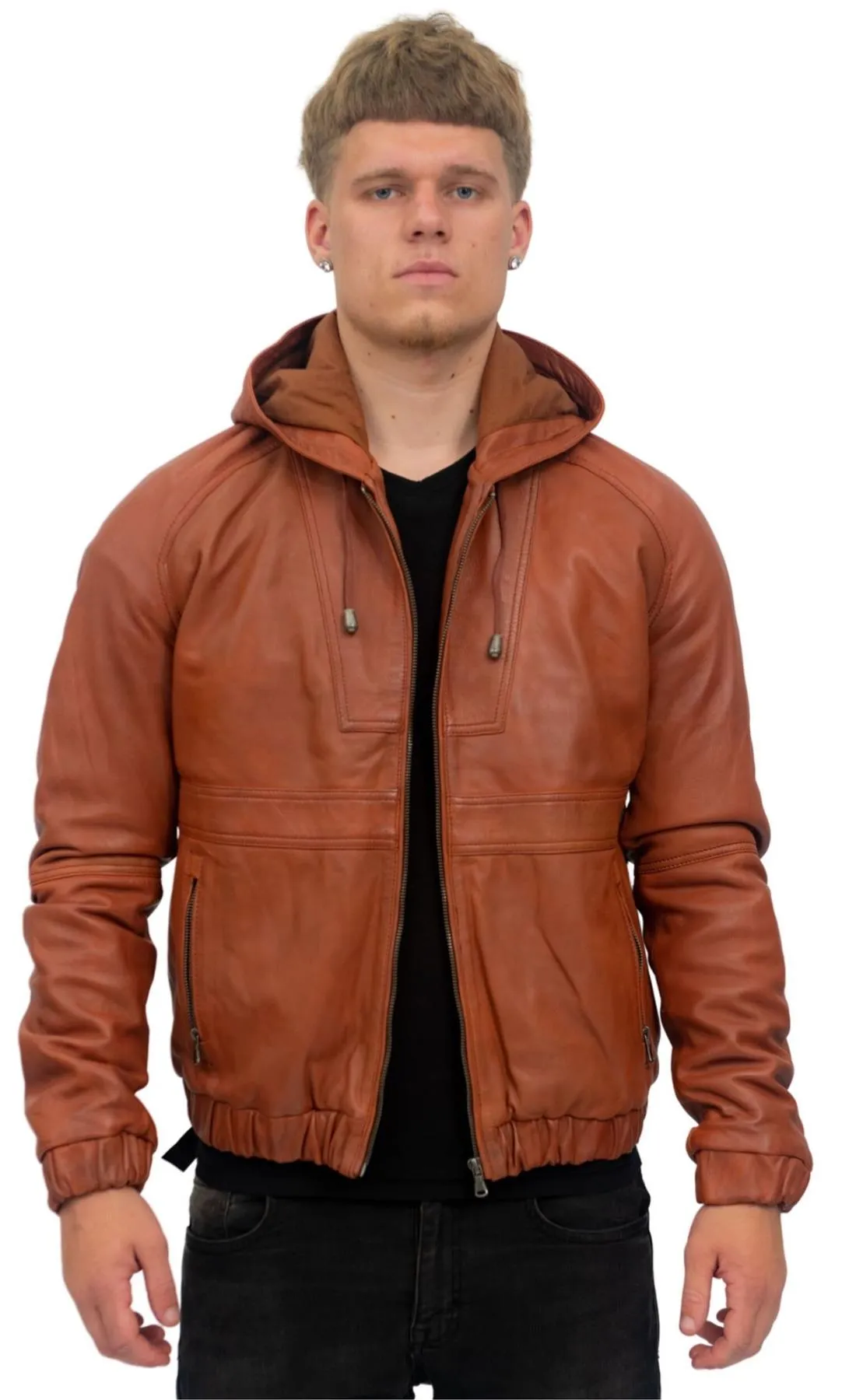 Men's Casual Leather Hooded Bomber Jacket-Odesa