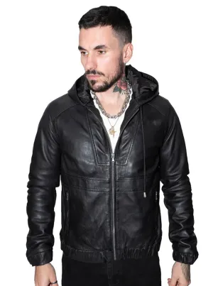 Men's Casual Leather Hooded Bomber Jacket-Odesa