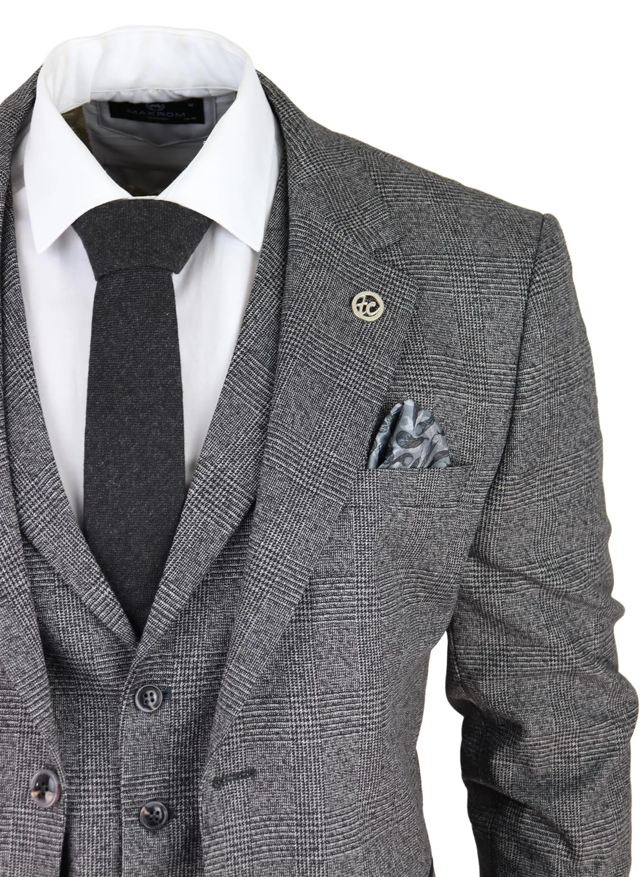 Mens Grey 3 Piece Suit Prince of Wales Check Classic Tailored Fit Wedding Suit